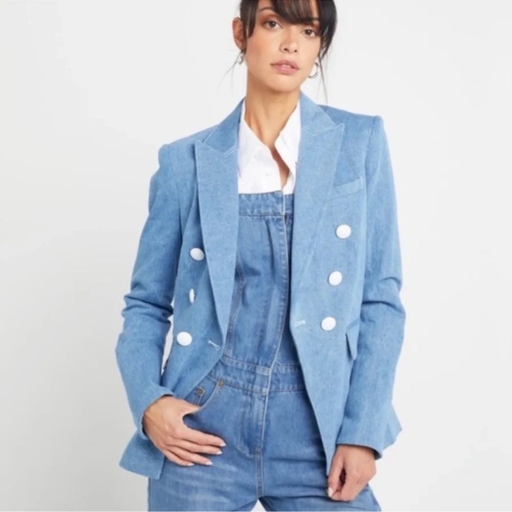 Kourt x REVOLVE denim blazer double breasted cutaway style white buttons cheetah